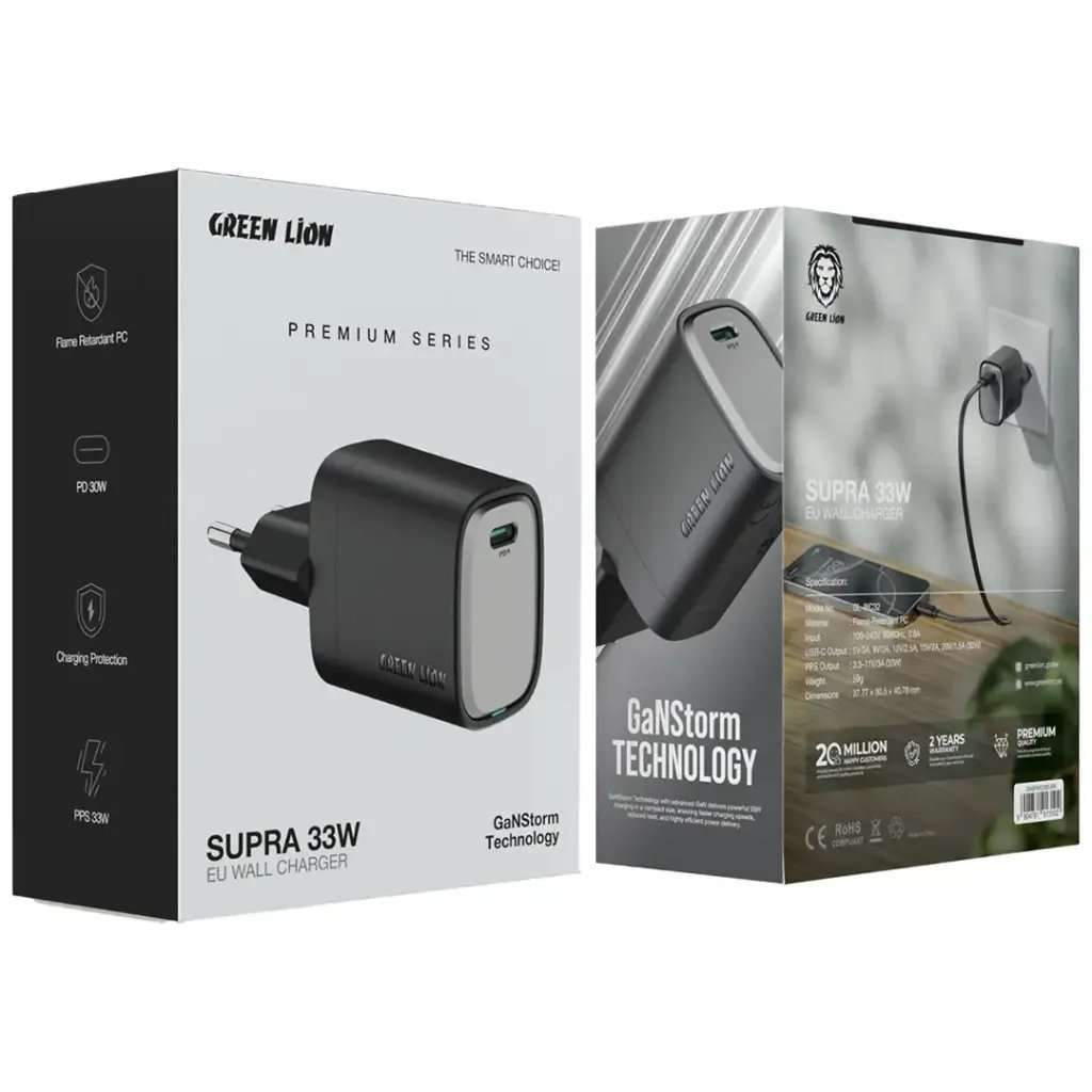 Green Lion Supra 33W GaN UK Wall Charger USB A & C With USB-C To C Cable - Linkphones Center